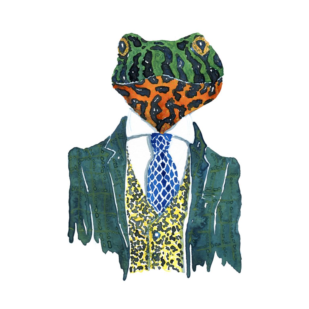 akvarel af frø i jakkesæt. Illustration af Frits Ahlefeldt