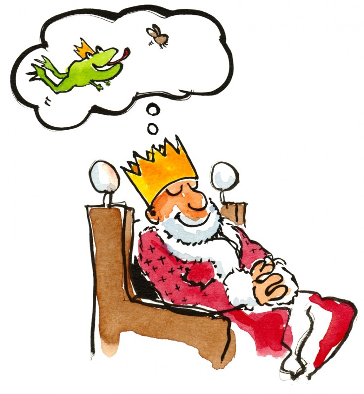 Tegning: Konge som drømmer tilbage til inden han kyssede princessen og han var en ubekymret frø