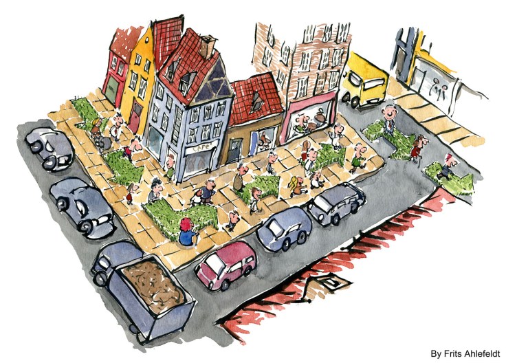 Tegning af grønne græs-pile i byen