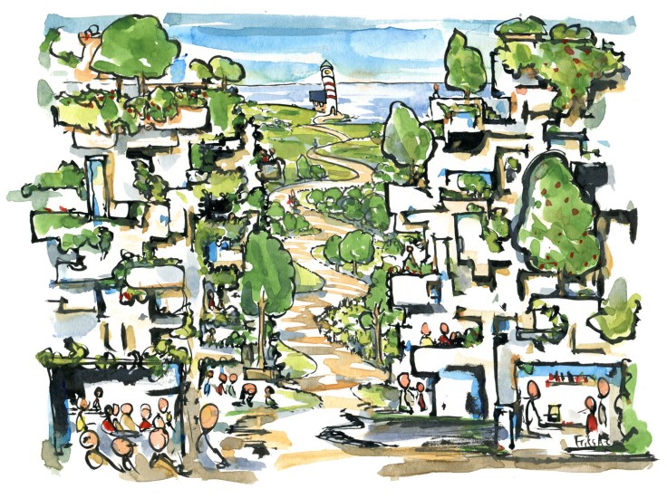 Tegning af grøn by og stier mellem by og land