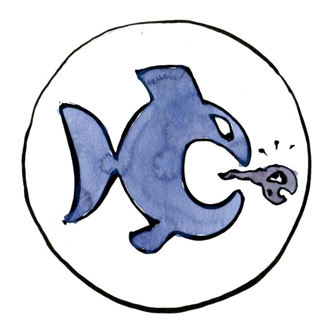 tegning af fisk der spiser en frø, illustration af Frits Ahlefeldt