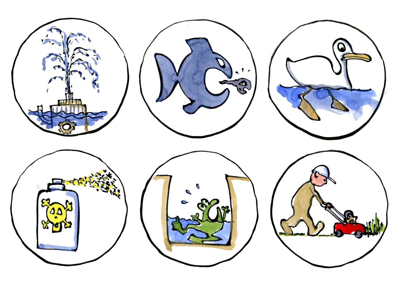 Tegning af forskellige trusler mod frøer